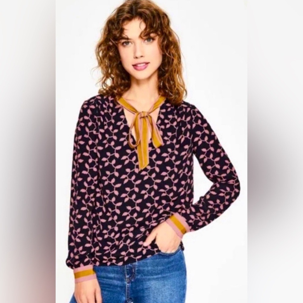 Boden Navy Pink Leaf Print‎ Tie Neck Blouse Long Sleeve RILEY US 8
